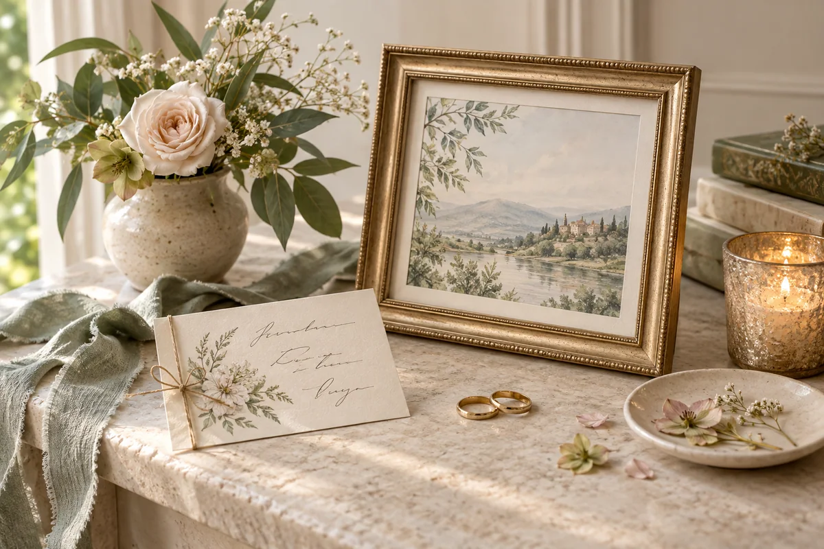 Realistic wedding editorial photograph illustrating wedding anniversary