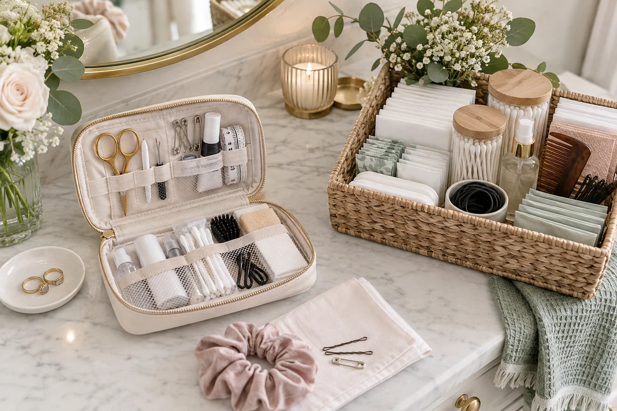 Realistic wedding editorial photograph illustrating wedding emergency kit