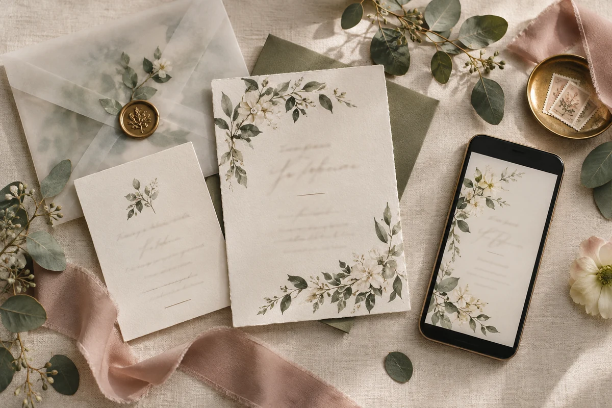 Realistic wedding editorial photograph illustrating wedding invites