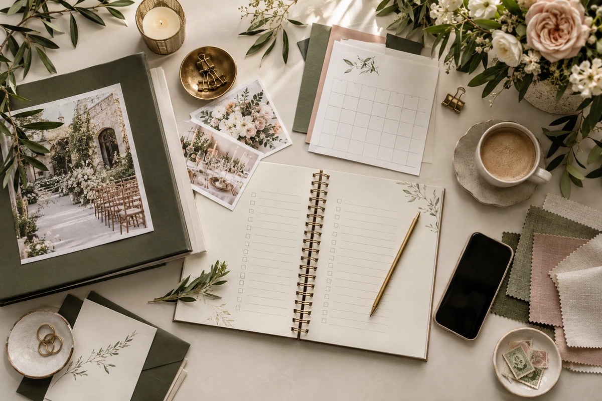 Realistic wedding editorial photograph illustrating wedding planning checklist