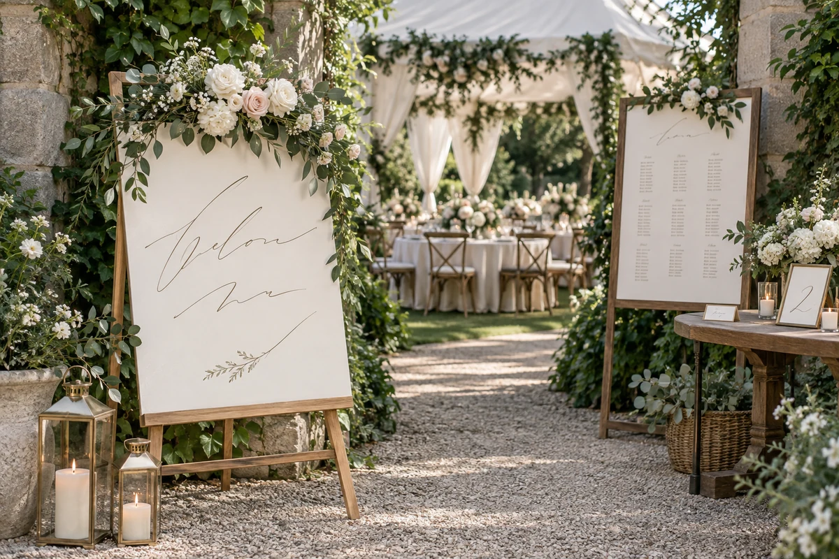 Realistic wedding editorial photograph illustrating wedding welcome sign
