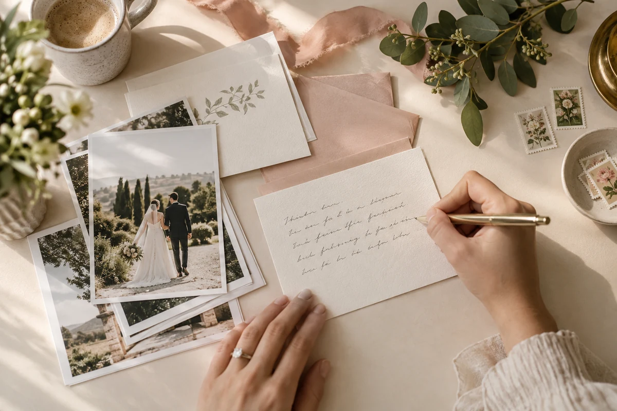 Realistic wedding editorial photograph illustrating wedding thank you cards